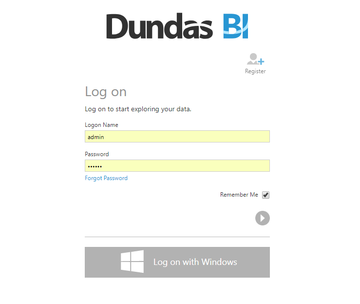 Dundas BI login page