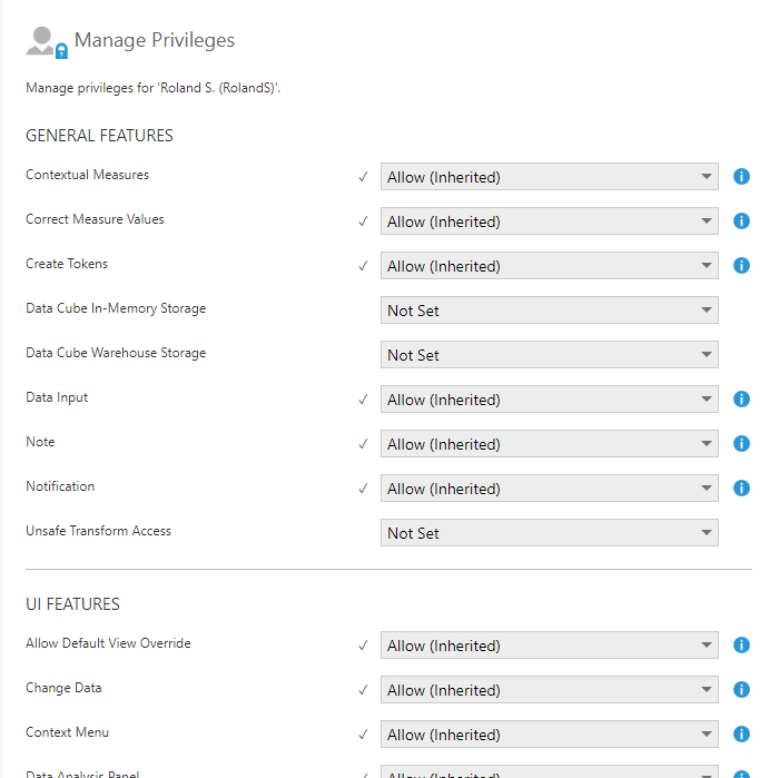The Manage Privileges dialog for an account