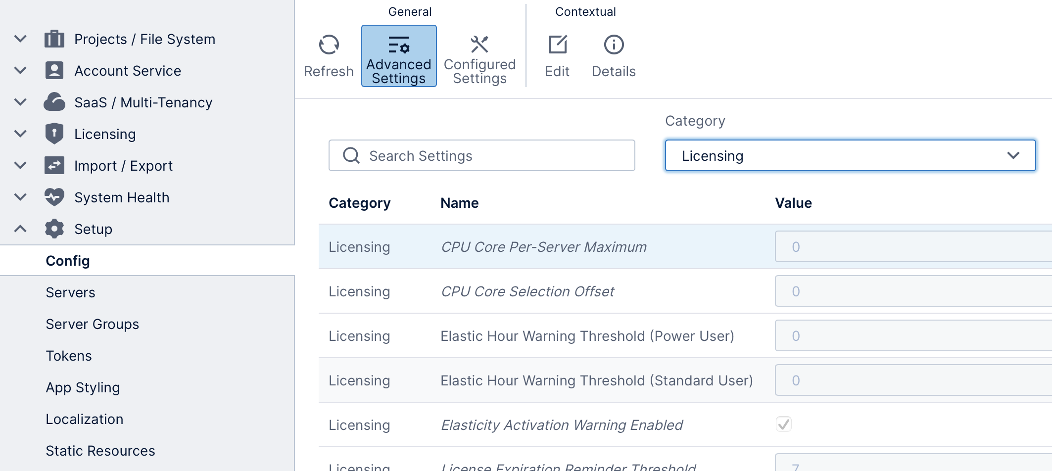 Configuration settings for license elasticity