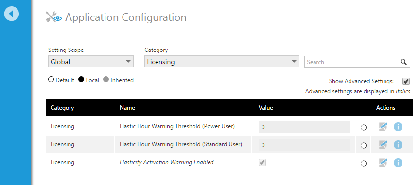 Configuration settings for license elasticity