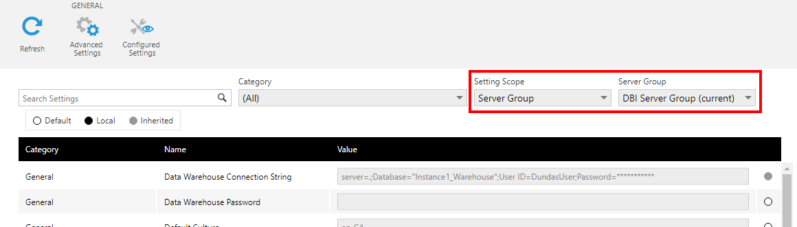 Server Group configuration settings
