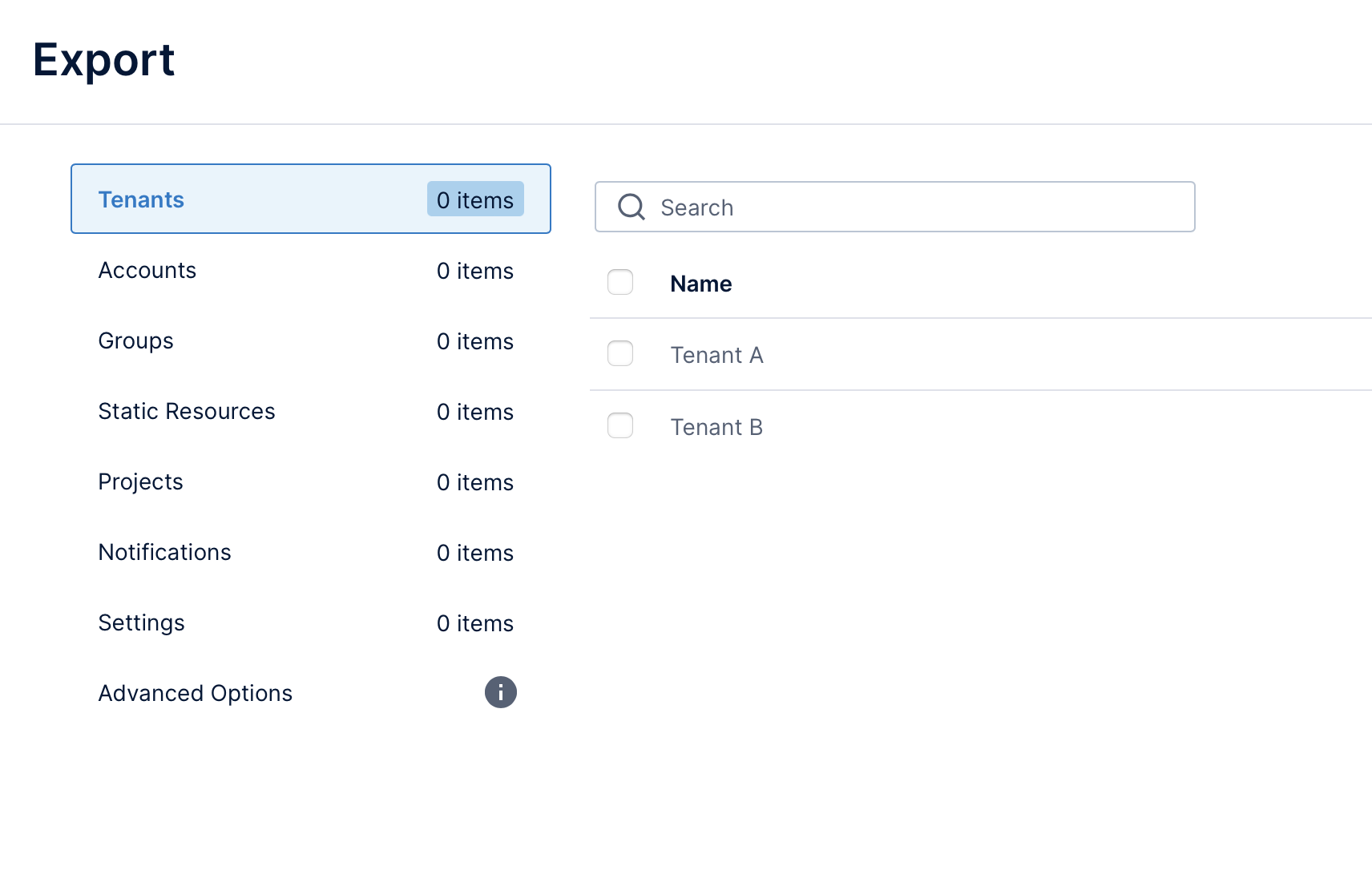 Select tenants to export