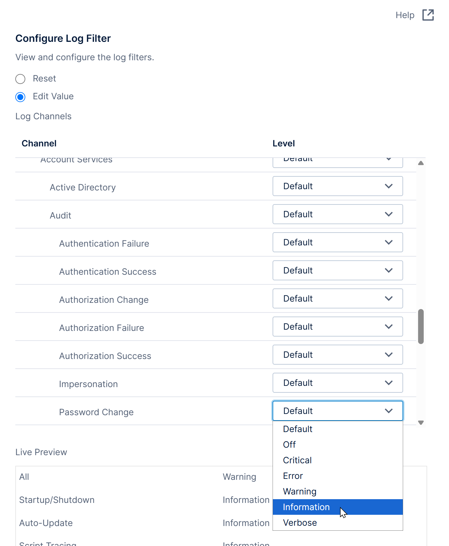 Log filter includes events for auditing