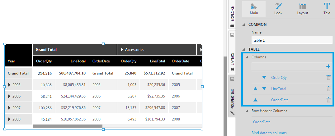 Each table column has properties you can customize