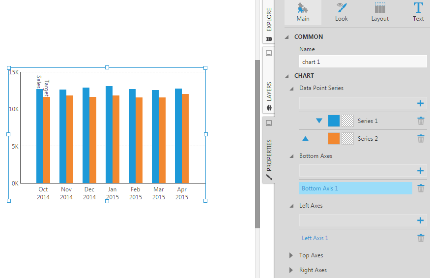Click on a chart axis (Bottom Axis 1) to edit its properties