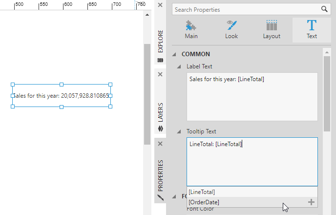 Text and Tooltip properties for a data label