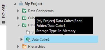Data cube icon and tooltip indicates in-memory storage