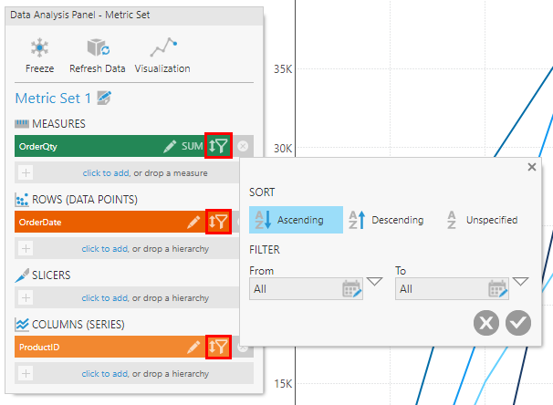 The Sort & Filter popup shown for OrderDate