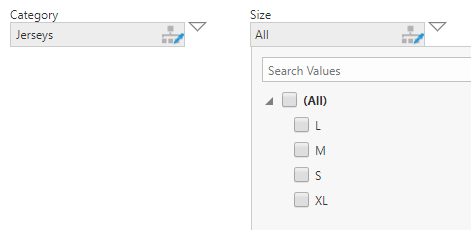 The available size options determined by the selected category