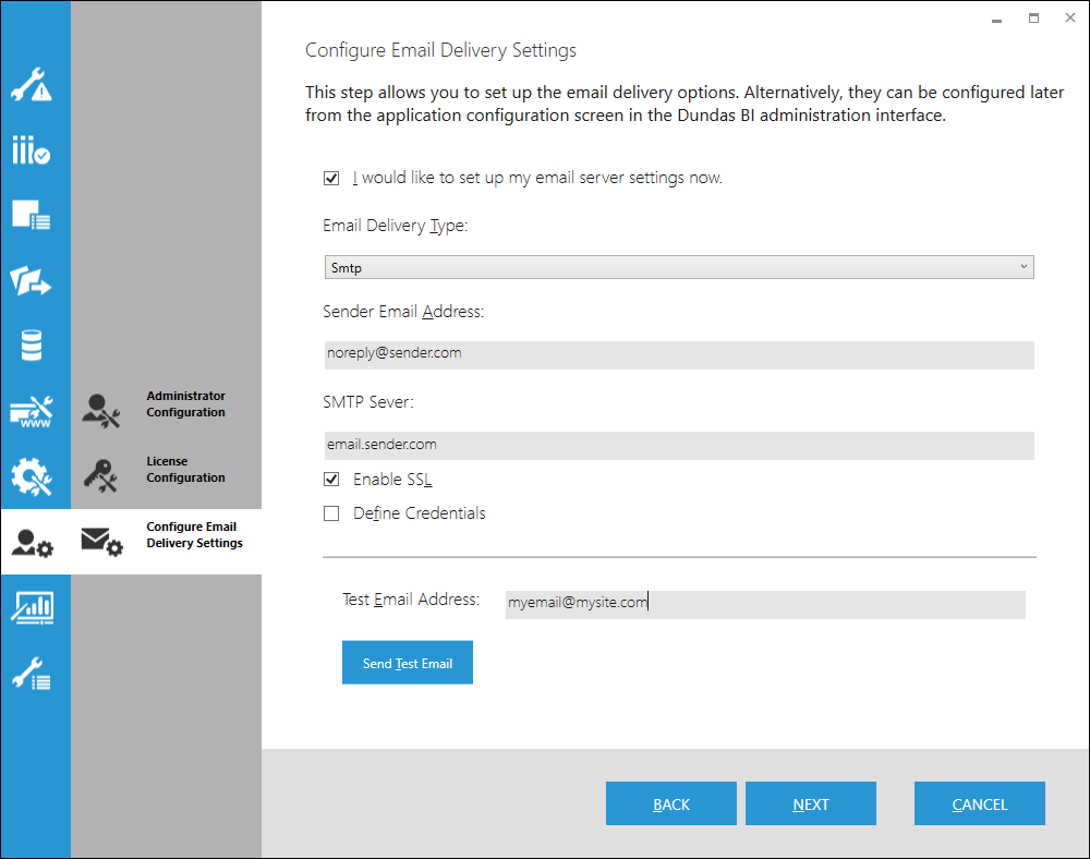 The configure email delivery screen