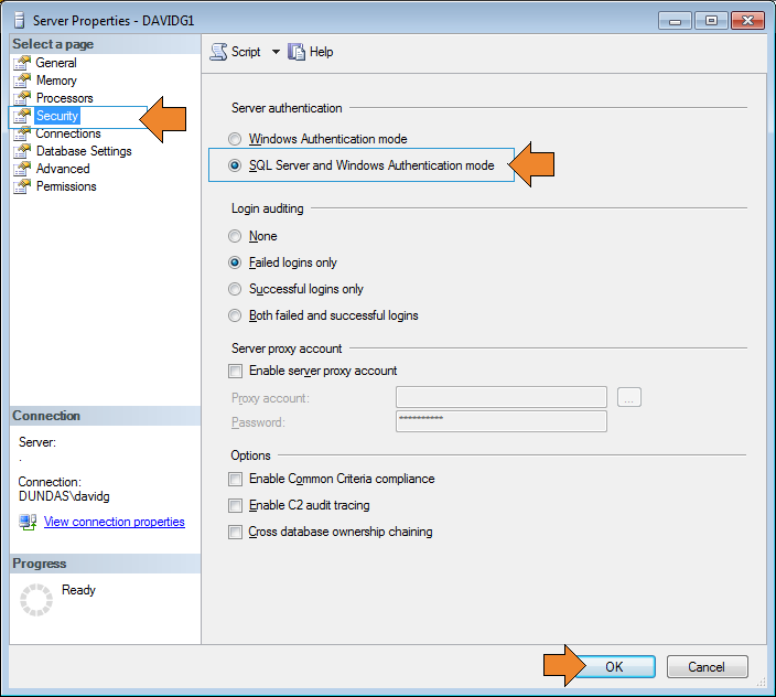 Turn on SQL Server authentication mode