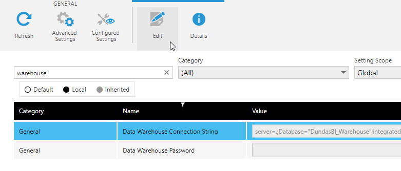 Updating the warehouse connection string in Dundas BI