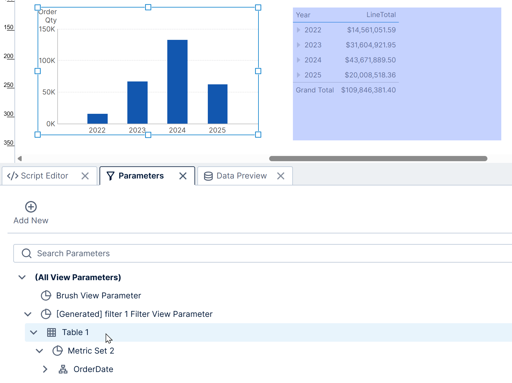 View parameter's connected table highlighted on hover