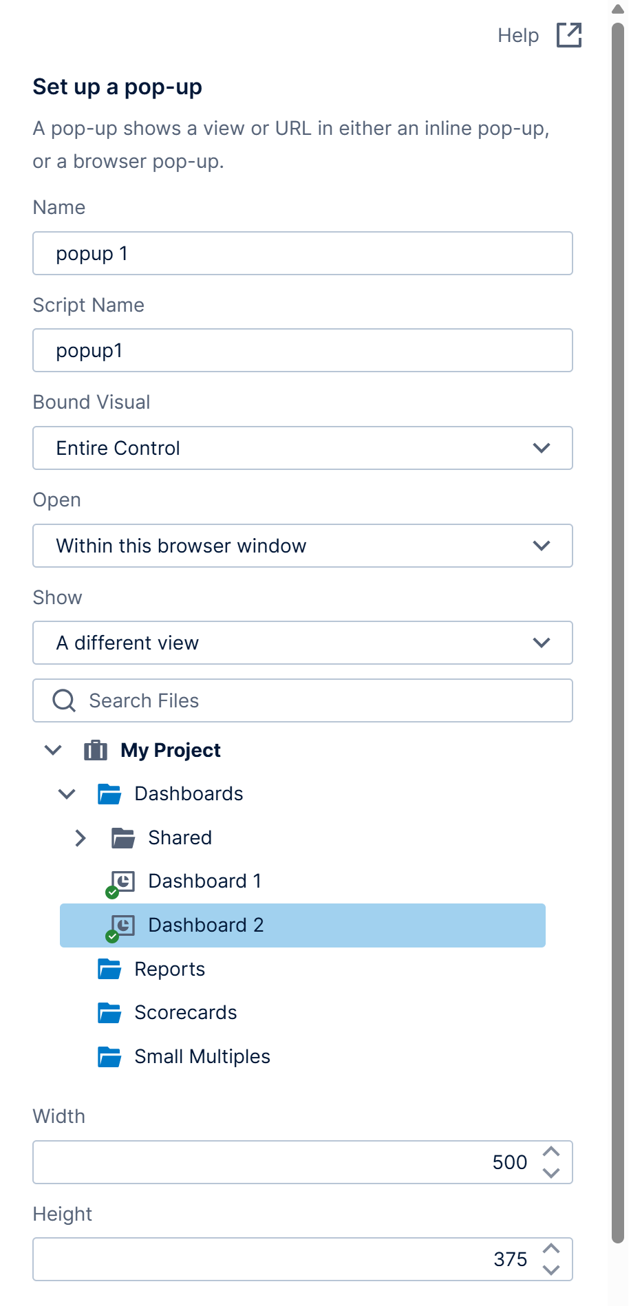 Selecting Dashboard 2 to be displayed in a pop-up