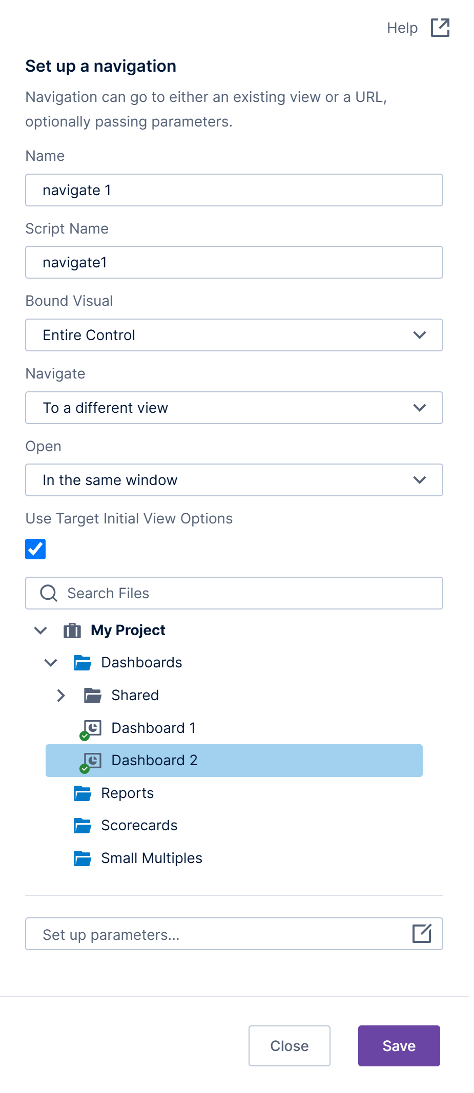Select the target view such as a dashboard