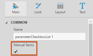 Select the Manual Items property of a checkbox filter