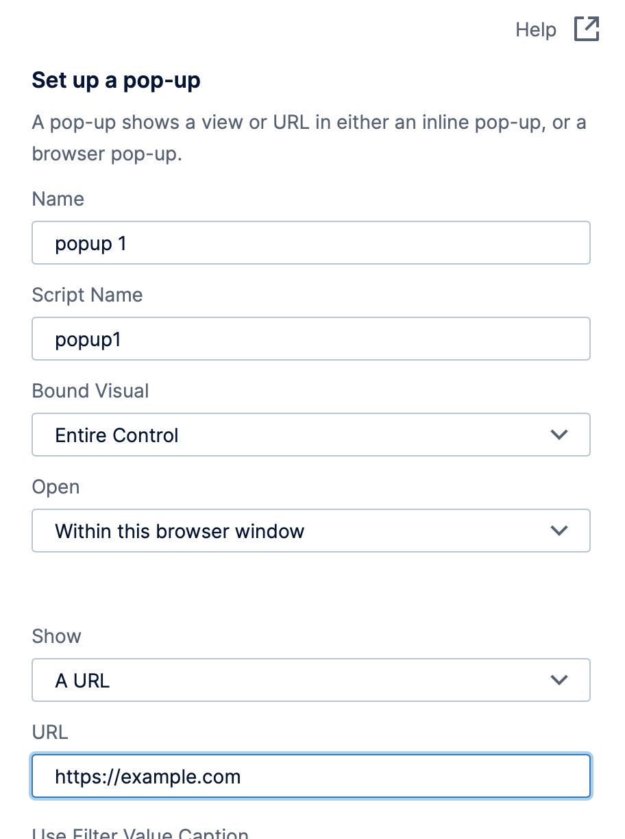Configuring a pop-up action