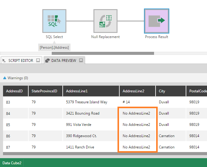 Data Preview shows Null values have been replaced with the string: No AddressLine2