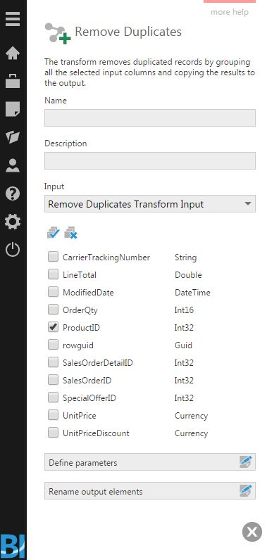 Select input columns to be grouped and copied to the output