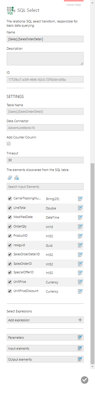 SQL Select transform configuration