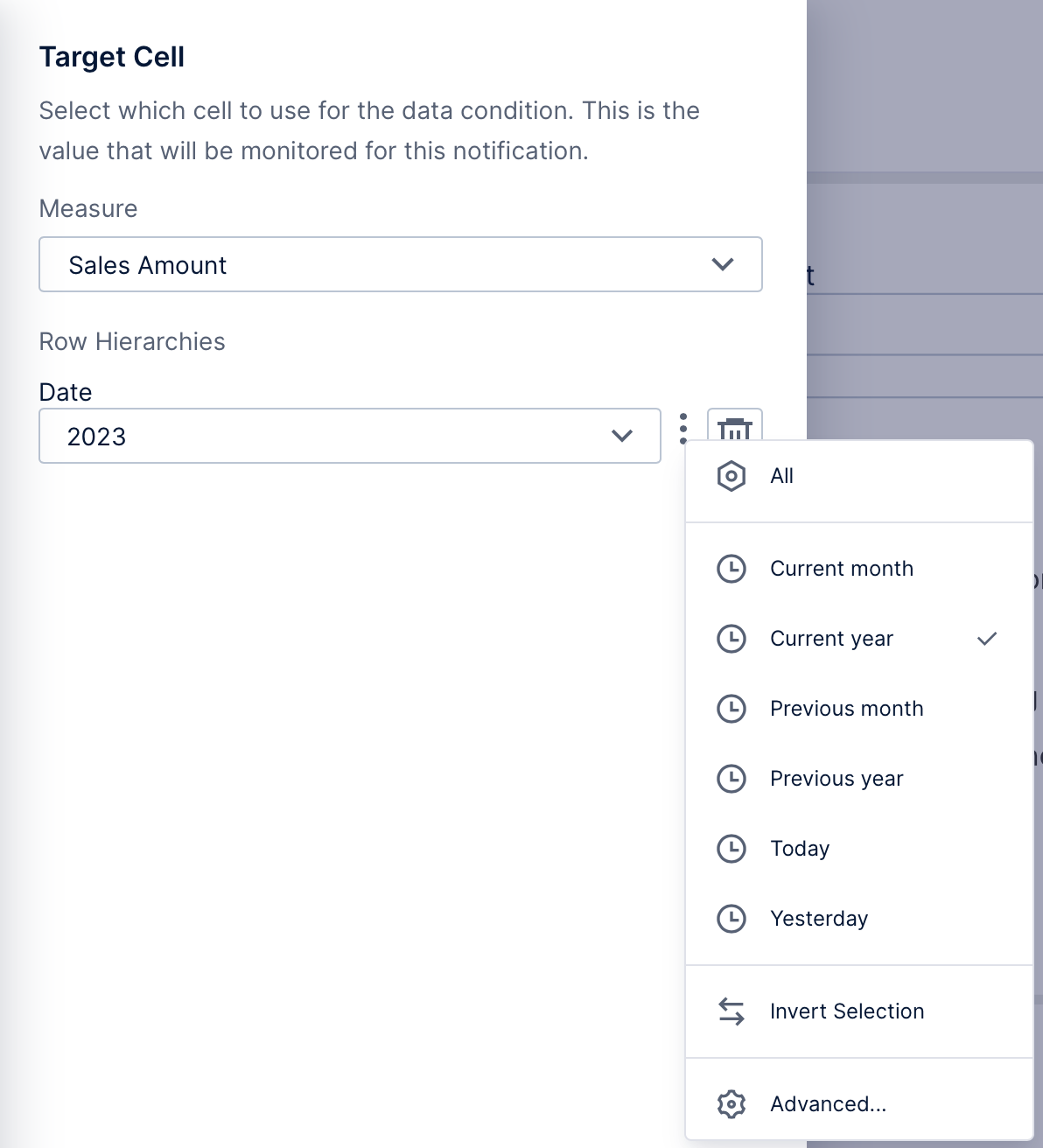 Add a target cell manually using filters