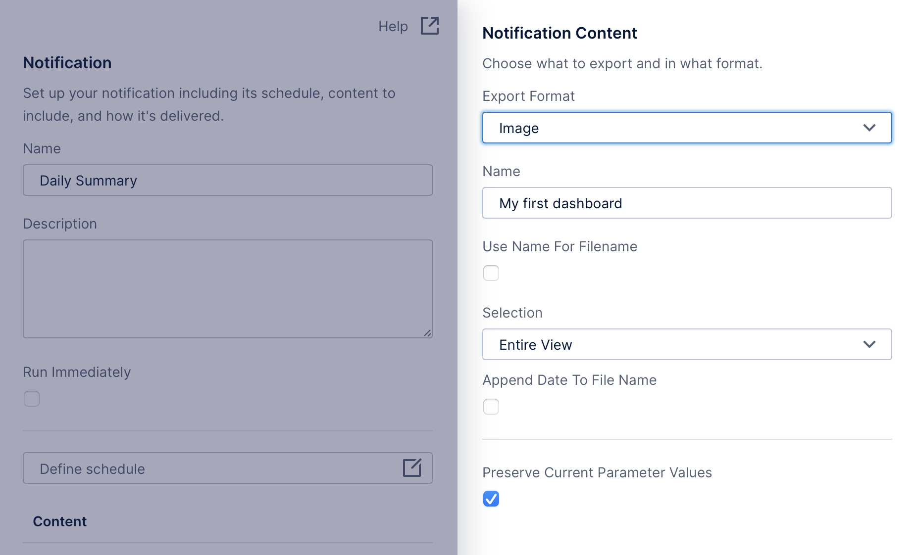 Notification Content dialog