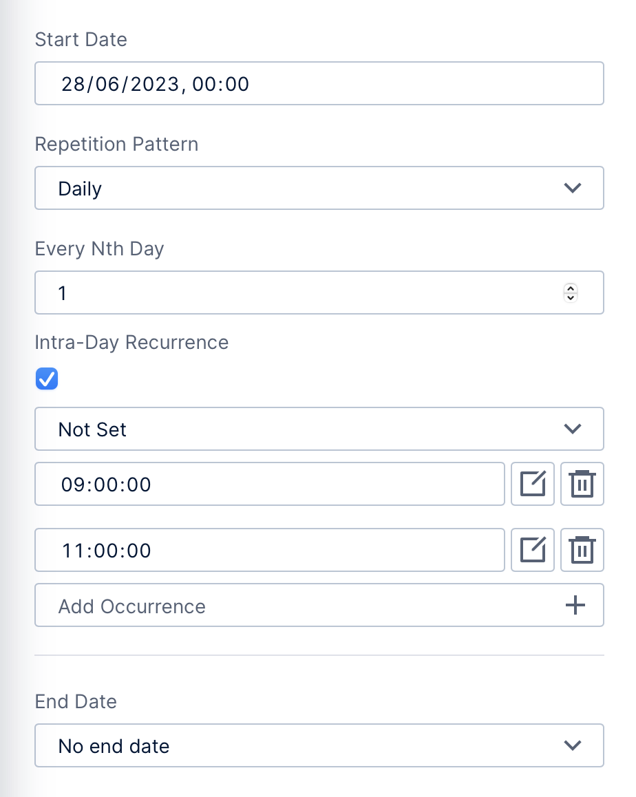 A daily schedule with intra-day recurrence