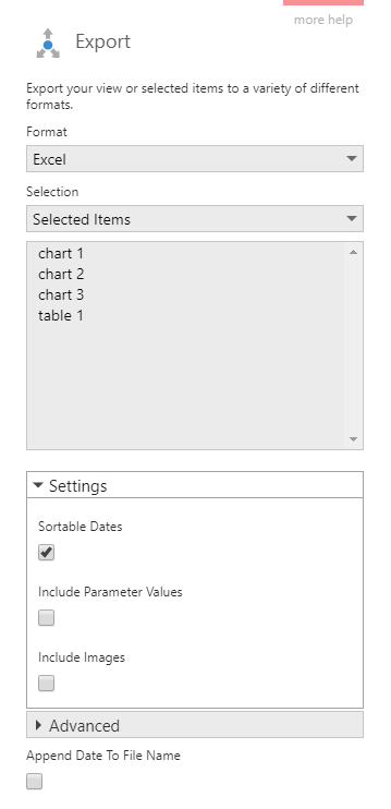 Export selected visualizations to Excel format