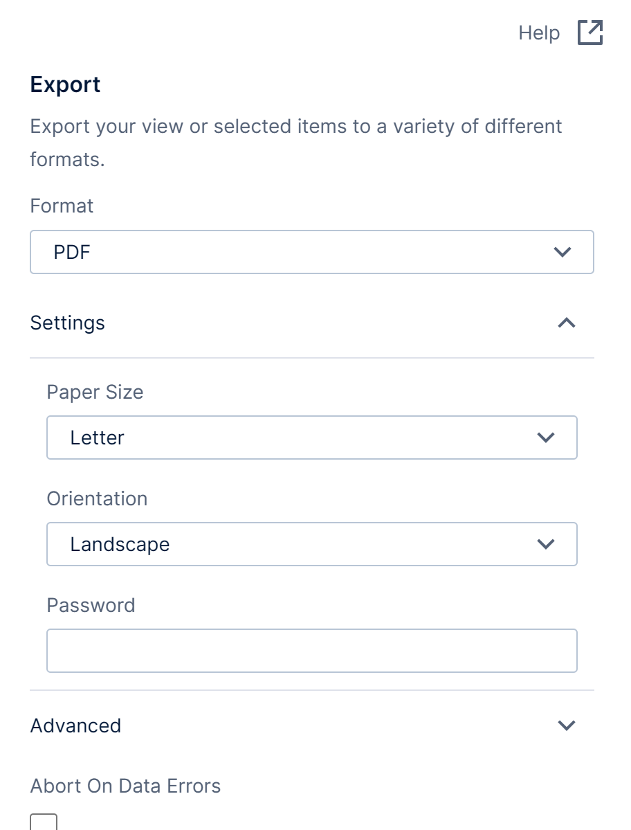 Export a dashboard to PDF format