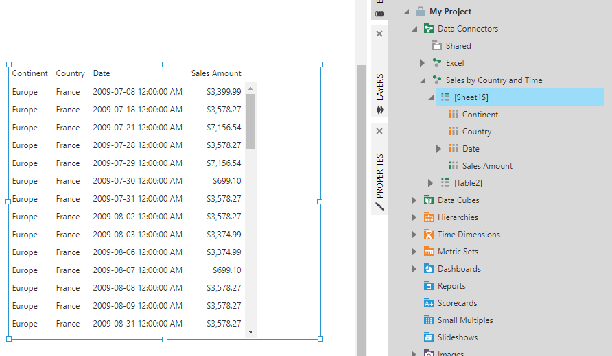 Drag an Excel sheet to the dashboard canvas