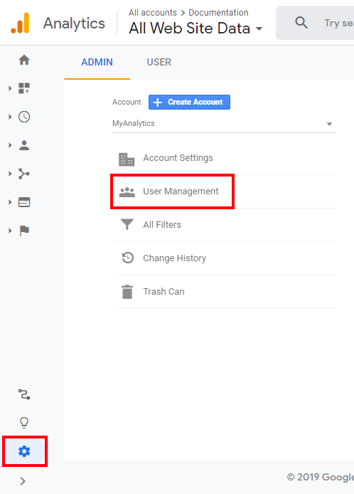 Sign into Google Analytics and go to User Management screen