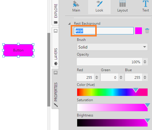 Entering hex values for a color property