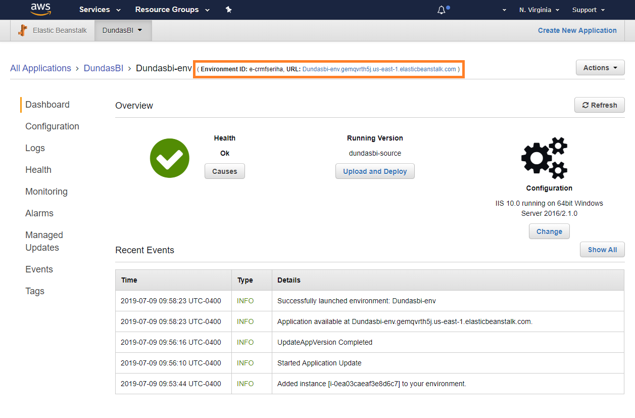 Displaying environment ID and URL