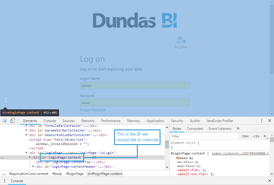 Login page content selected