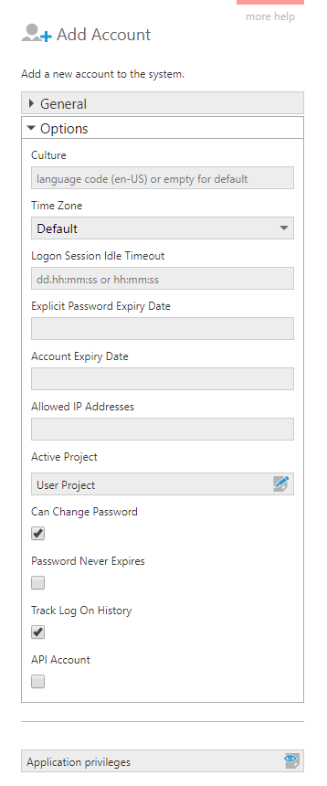 Account options for a local user