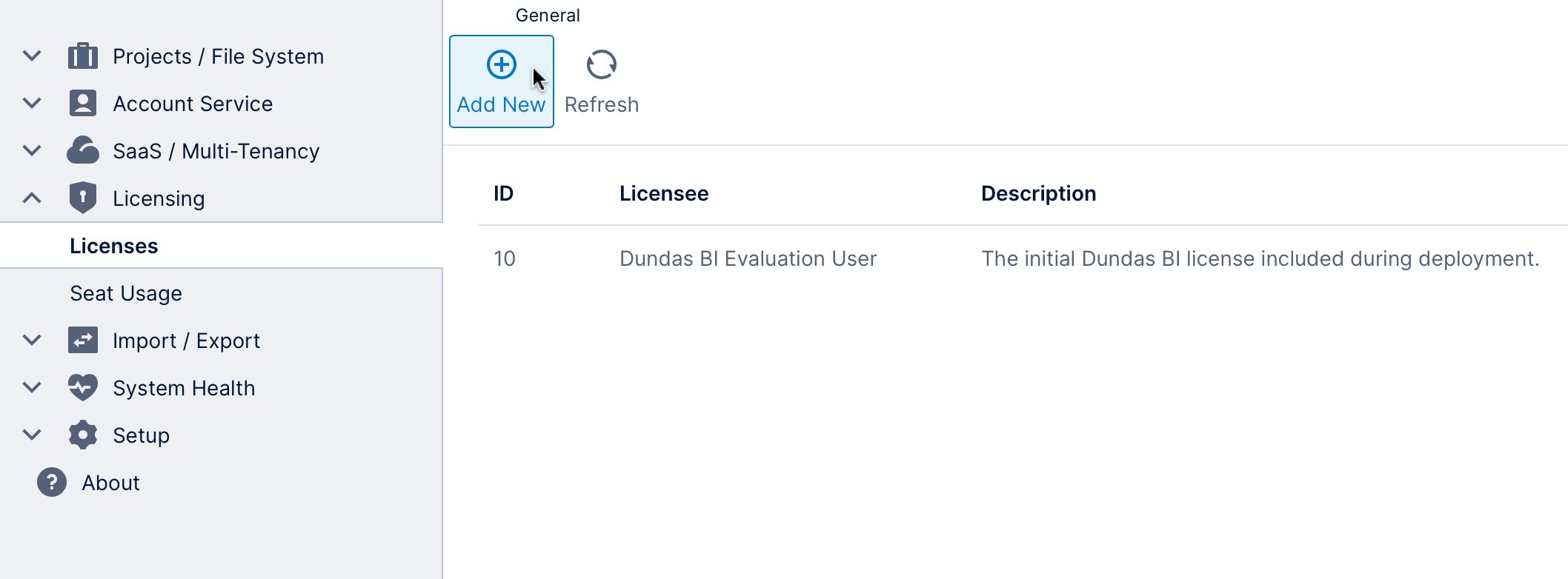 Clicking Add new on the Licenses page