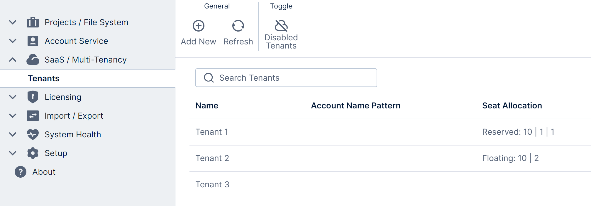 The tenants administration page