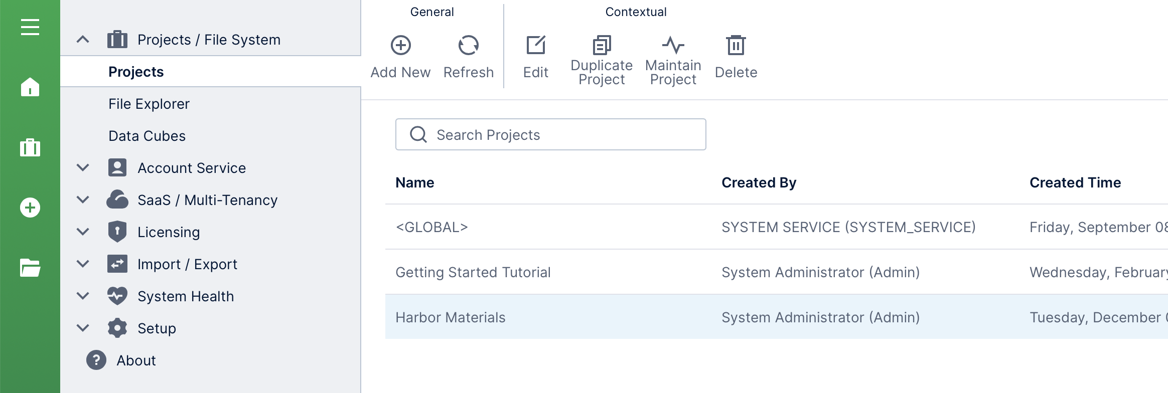 Selecting a project in the Projects screen