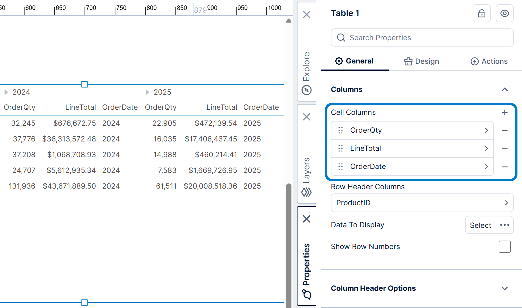 Each table column has properties you can customize