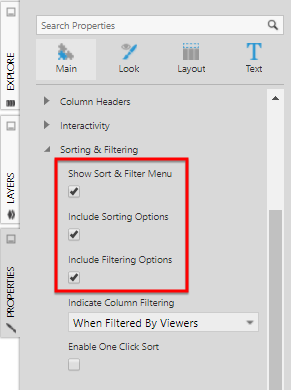 Sort and Filter menu properties