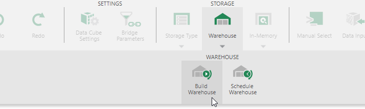 Building warehouse storage from the data cube toolbar