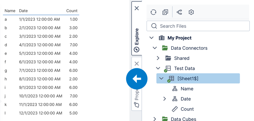 Expand the data connector and drag a sheet to the canvas