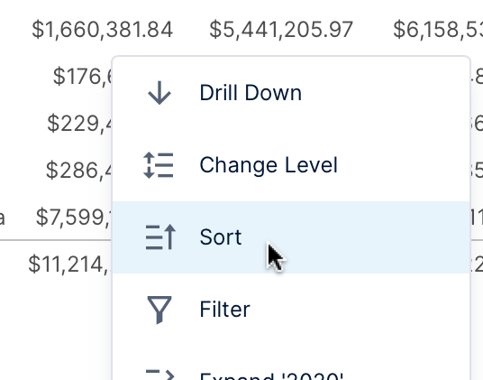 Sorting and filtering from the context menu