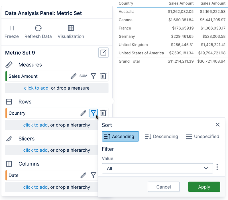 The Sort & Filter popup shown for Country