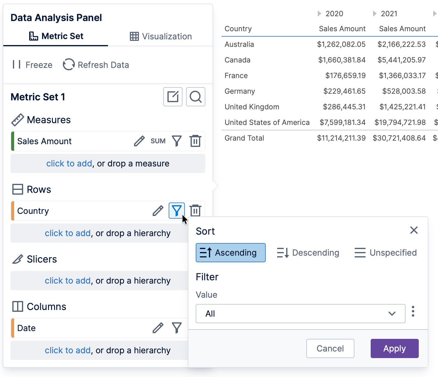 The Sort & Filter popup shown for Country