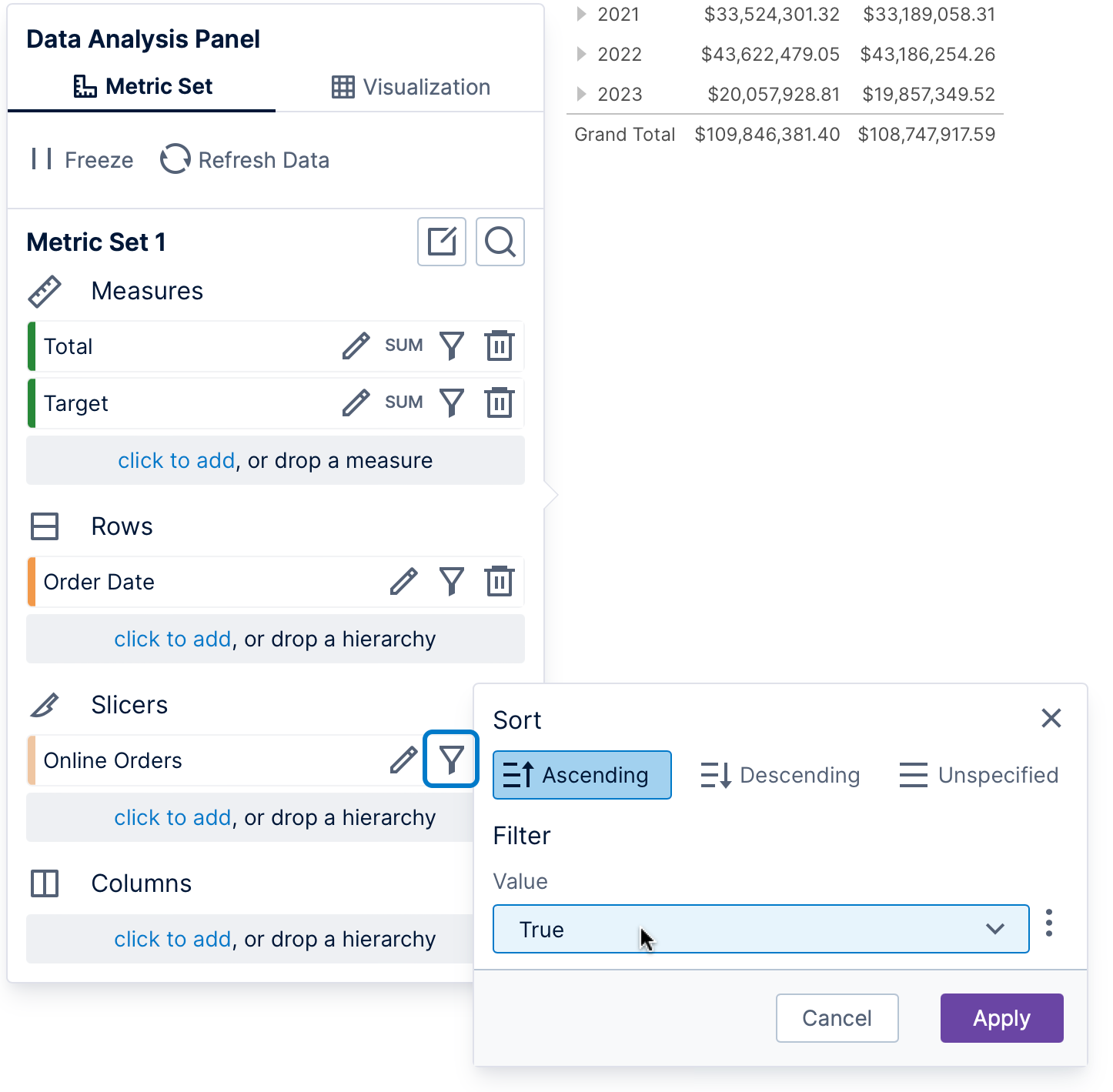 Select slicer values to filter by