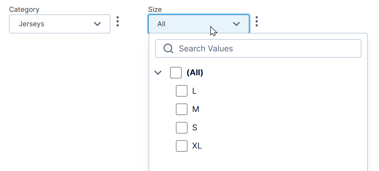 The available size options determined by the selected category