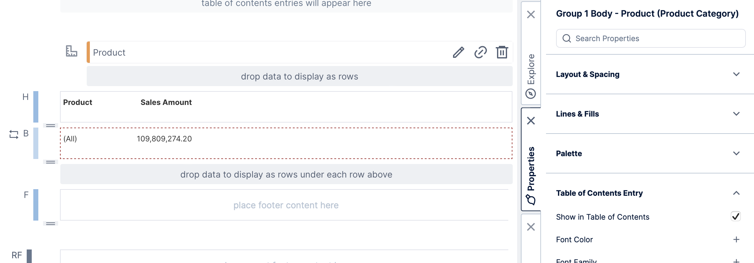 Showing a template area in the table of contents