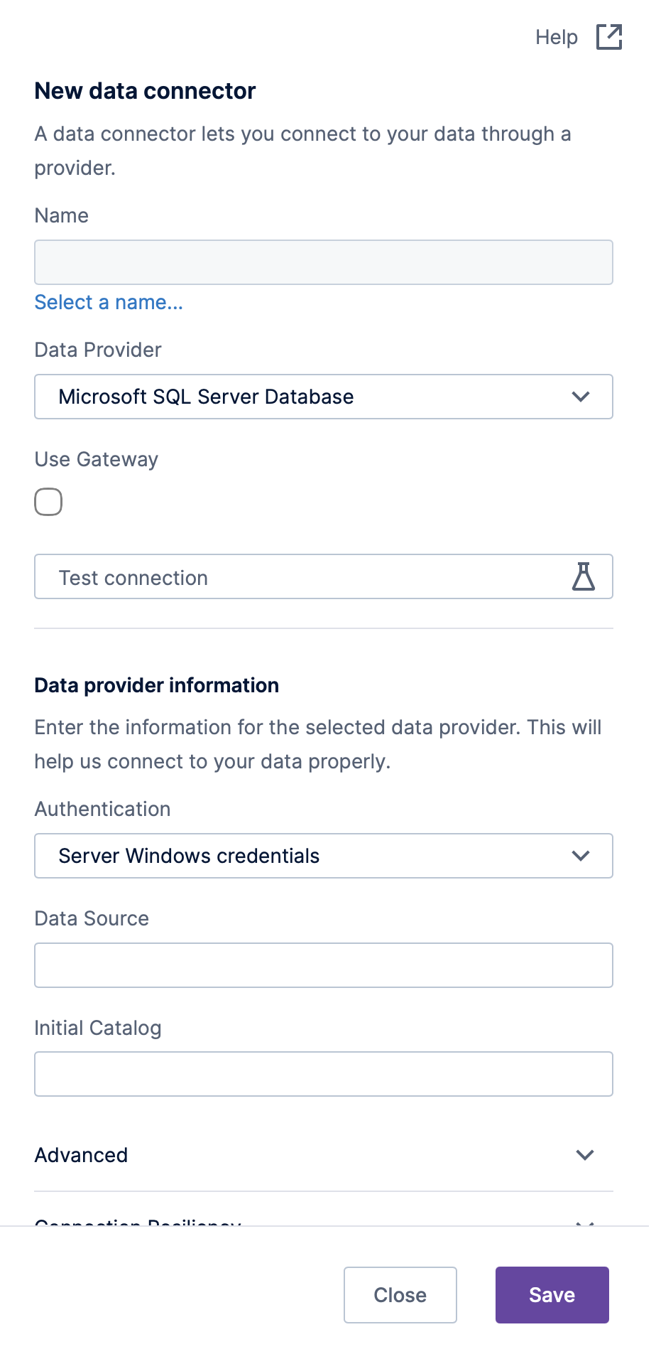 New data connector dialog