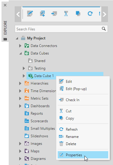Launching the Properties dialog for a data cube